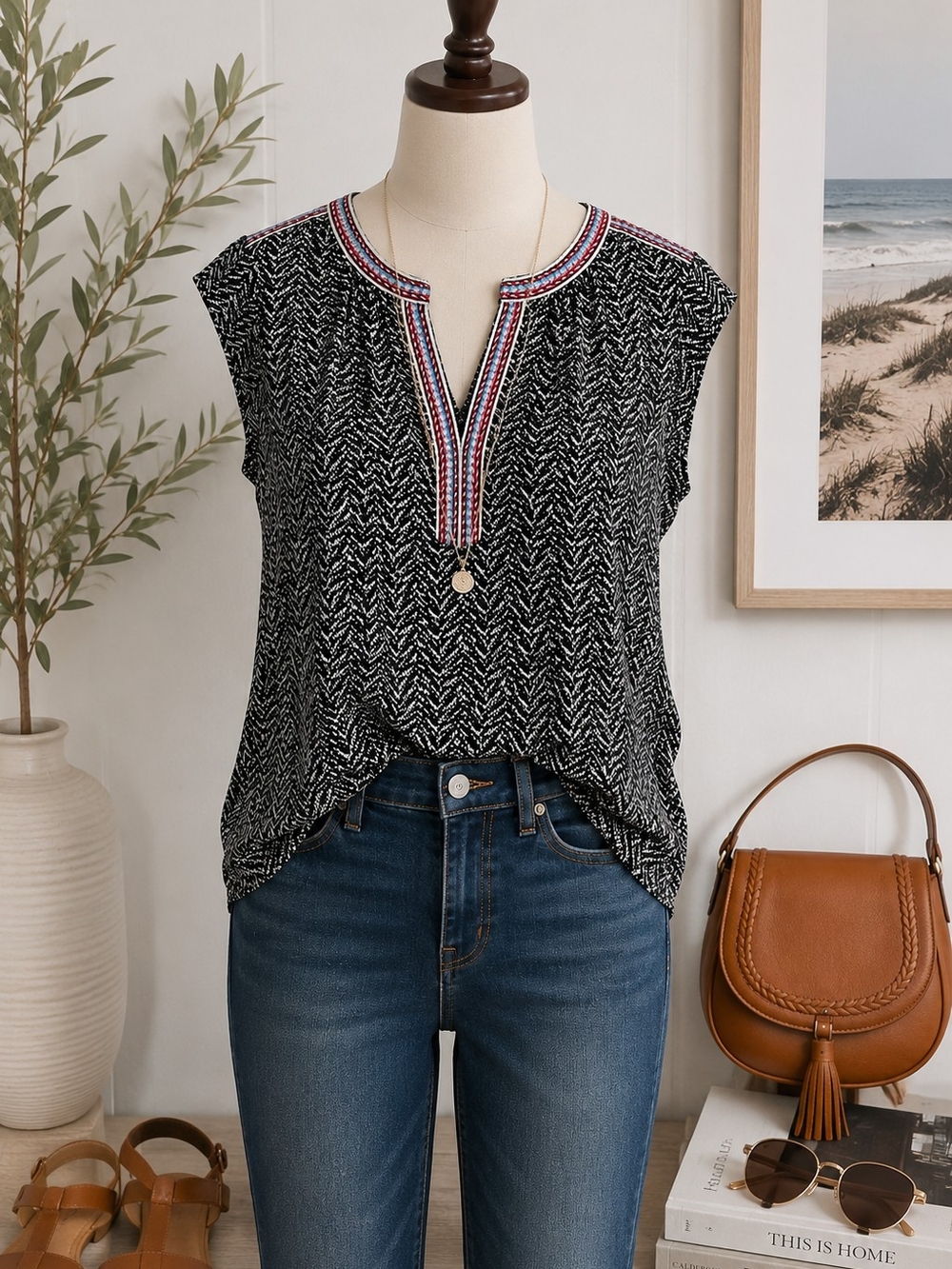 Daniel Rainn Small Black White Chevron Blouse Embroidered Trim Boho Top